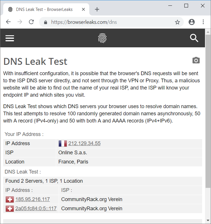 A DNS leak test shows the server in Switzerland
